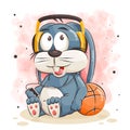 cute bunny cartoon listening music and basketball vector illustration