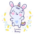Cute bunny cartoon, rabbit vector unicorn horn with carrot frame