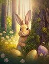 Cute bunny character hiding behind a tree in the green forest with Easter eggs among blooming flowers