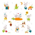 Cute Bunny Character with Orange Carrot Crop in the Garden Vector Set Royalty Free Stock Photo