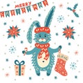 A cute bunny with a Christmas gift sock and a candy cane. Royalty Free Stock Photo