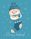 Cute bunny in a Christmas sock on a background of snowflakes. Christmas card, poster vector Royalty Free Stock Photo