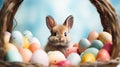 Cute bunny between colorful Easter eggs, AI Generated