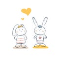 Cute bunny couple romantic date vector illustration card template.