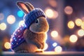 Cute bunny in a crochet hat. Nice light, lamps. Night mood lighting. Royalty Free Stock Photo