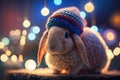 Cute bunny in a crochet hat. Nice light, lamps. Night mood lighting. Royalty Free Stock Photo