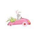 Cute bunny driving pink vintage car decorated with Easter eggs, funny rabbit character, Happy Easter concept cartoon Royalty Free Stock Photo