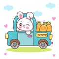 Cute bunny easter delivery carrot by car. Series: Kawaii animals rabbit egg hunting (Character cartoon). Royalty Free Stock Photo