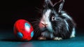 Cute bunny, Easter egg, dark studio, holiday card Royalty Free Stock Photo
