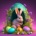 Cute bunny in easter egg shaped cave and painted easters. Concept of happy easter day