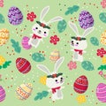 Cute Bunny and easter eggs seamless pattern with colorful flower on cools background for easter festival