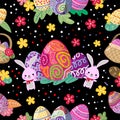 Cute Bunny and easter eggs seamless pattern with colorful flower on cools background for easter festival Royalty Free Stock Photo