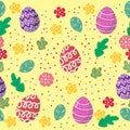 Cute Bunny and easter eggs seamless pattern with colorful flower on cools background for easter festival