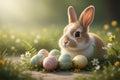 Cute bunny with easter eggs in a spring meadow Royalty Free Stock Photo