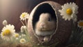 Cute Bunny with Easter. Flower Background.