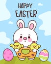 Cute bunny easter in flower pot. Series: Kawaii animals rabbit egg hunting (Character cartoon) Royalty Free Stock Photo