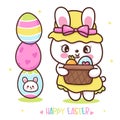 Cute bunny easter holding eggs and carrot basket. Series: Kawaii animals rabbit egg hunting Royalty Free Stock Photo