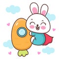 Cute bunny easter hug carrot rocket. Series: Kawaii animals rabbit egg hunting (Character cartoon). Royalty Free Stock Photo