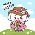 Cute bunny easter hug colorful egg. Series: Kawaii animals rabbit eggs hunting (Character cartoon). Royalty Free Stock Photo