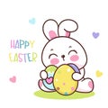 Cute bunny easter hug easter eggs. Series: Kawaii animals rabbit egg hunting (Character cartoon). Royalty Free Stock Photo