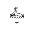 Cute bunny and eggs. Easter hand drawn doodle style illustration for holiday april page. Wall monthly calendar or desk