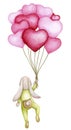 Cute bunny flies on a bunch of heart-shaped balloons. Hand drawn watercolor. Baby shower, Mother\'s day Royalty Free Stock Photo