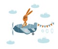 A cute bunny flies on a plane among the clouds. Funny kids rabbit pilot. Children illustration. Vector hand drawn