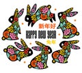 Cute rabbit and flowers of sakura, lotus, chrysanthemum, tree peony, daffodil. Chinese New Year 2023 greeting card