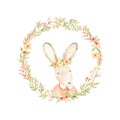 Cute bunny with flowers. Watercolor botanical wreath with field flowers, branches, green leaves. Baby rabbit. Floral design