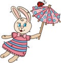 Cute bunny flying holding a funny small umbrella with ladybird Royalty Free Stock Photo