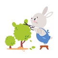 Cute Bunny Gardener Cut Green Bush with Pruner Vector Illustration