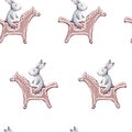 Cute Bunny. Gingerbead horse. Seamless Pattern with rabbit. Cute animals. Christmas pattern. Hand drawn isolated on a white waterc