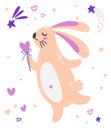 Cute bunny girl with magic wand. Cartoon rabbit, hearts, stars and ribbon. Animal character. Childish print for apparel, nursery, Royalty Free Stock Photo