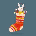 Cute bunny on glasses and with candies sit into christmas sock on blue background Royalty Free Stock Photo