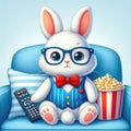 Cute Bunny with Glasses Sitting on a Blue Chair