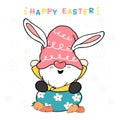 cute bunny gnome on egg with carrot happy Easter. Gnome in pink hat sweet pastel cartoon vector
