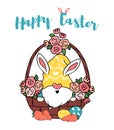 Cute bunny gnome in egg flower basket happy Easter cartoon doodle vector