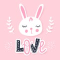 Cute bunny greeting card. Funny illustration. Lovely rabbit.
