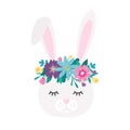 Cute bunny head with floral wreath in cartoon style. Lovely rabbit with crown made of flowers vector illustration. Flat character