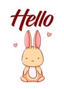 Cute bunny with heart cartoon kawaii hello flat hand drawn isolated on white background