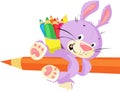 Cute Bunny Hold Crayon - Funny Vector Cartoon Royalty Free Stock Photo