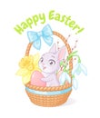 Cute bunny holding egg in basket with spring flowers. Easter greeting cartoon vector illustration on white background. Royalty Free Stock Photo