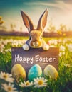 Cute bunny holding a wooden board with Happy Easter text. Little rabbit hidden behind a wood banner in the spring meadow among