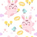 Cute Bunny horn cartoon rabbit Seamless pattern cheerful flower and sweet bird: Series Kawaii animal Girly doodles