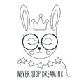 Cute bunny illustration. Never stop dreaming text. Design for kids. Fashion illustration drawing in modern style for clothes.