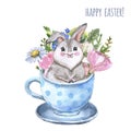 Watercolor cute baby rabbit in a tea cup and spring flowers, isolated on white background. cartoon bunny illustration Royalty Free Stock Photo
