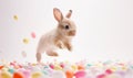 Cute bunny jumping around on floor with colorful easter eggs on white background