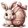 A cute bunny with large, expressive eyes sits beside a beautifully decorated Easter egg Royalty Free Stock Photo