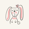 Cute bunny, little rabbit girl print vector, cartoon with pink bow on head