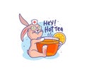 The cute bunny is a nurse with a hot tea. Funny cartoonish rabbit